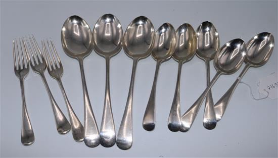 Modern silver Old English pattern flatware comprising: 3 tables spoons, 5 dessert spoons and 3 dessert forks